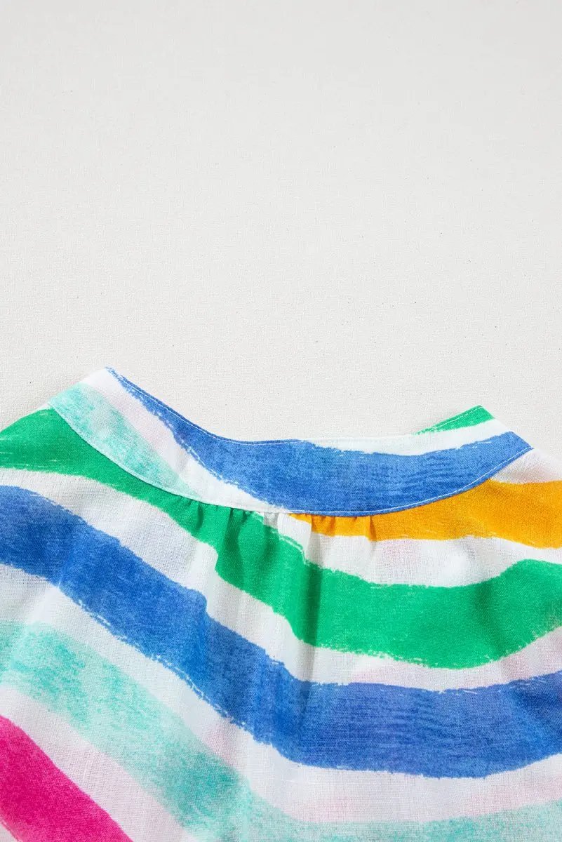 Rose Red Rainbow Stripes Ruffled Hem Drawstring V Neck Tank Top - Love Salve